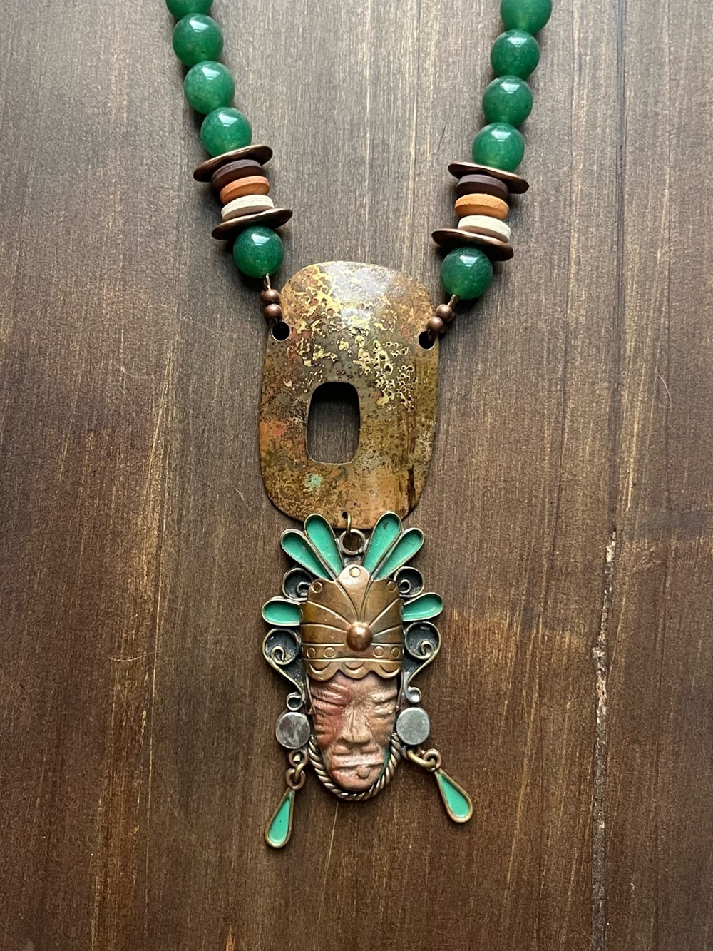 Vintage Stamped copper and jade necklace